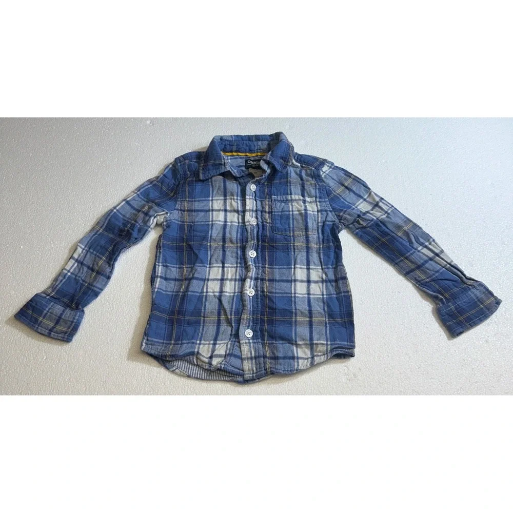 OshKosh Bgosh Boys Blue White Plaid Long Sleeve Button Down Shirt 4T‎ Cotton